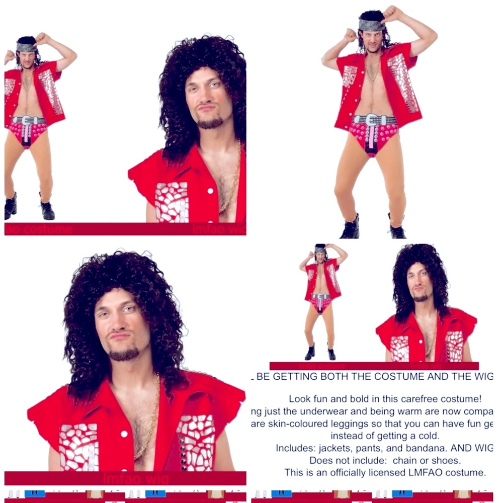 MENS COSTUME LMFAO
NEW X-LARGE (44-46) officially licensed LMFAO costume w/WIG